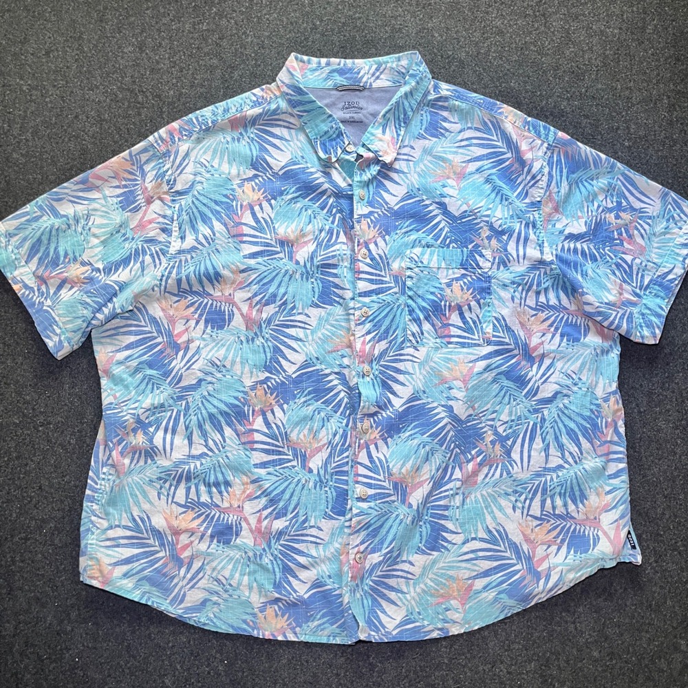 IZOD Saltwater Button Mens 3XL Blue Tropical Palm Bird of Paradise Excellent - Picture 4 of 7